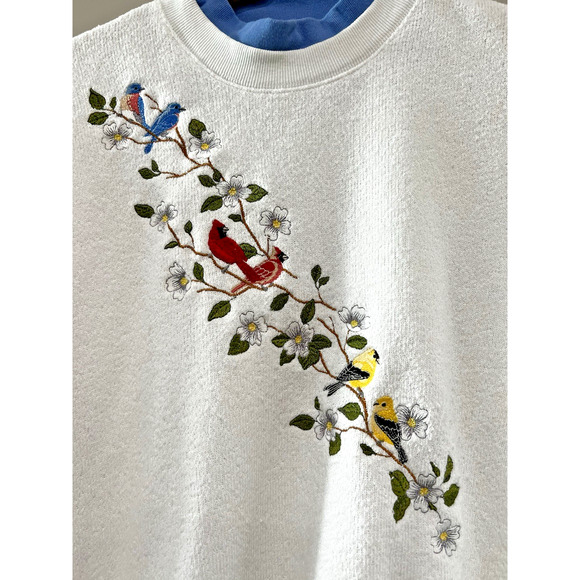 Vintage Pullover Sweater Womens XL White Birds Embroidered terry textured Rare - Picture 1 of 10